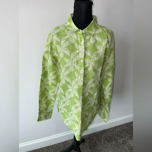 Tizzie Bright Green Pineapple Linen Popover Blouse Top Size L - Picture 1 of 9